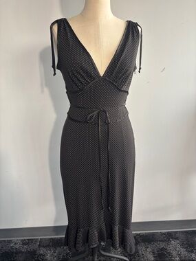 Rampage Black Midi Dress with White Micro Dots and Tie Waist